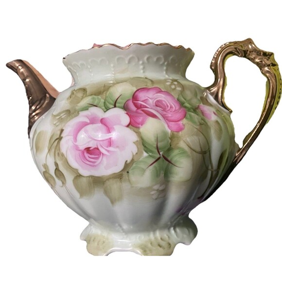 Teapot w/ Lid Heritage Green by Lefton VNTG Green Gold Trim and Pink Floral 792 - Picture 5 of 16